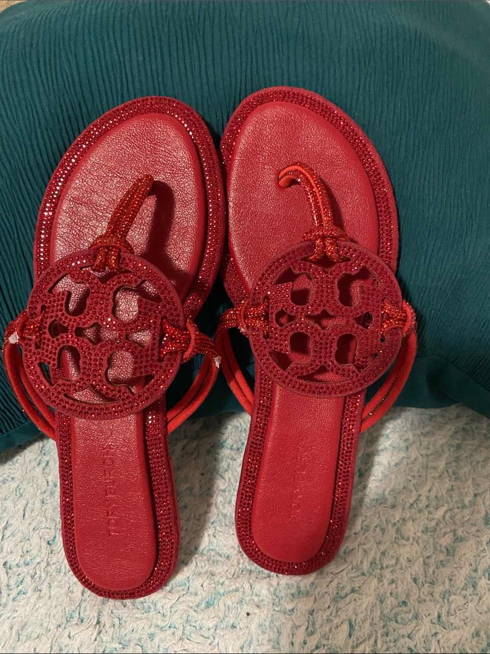 Tory Burch Red Logo Medallion Slide Sandals